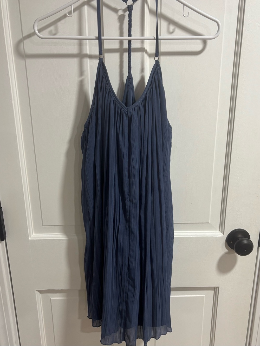 Abercrombie & Fitch Navy Pleated Midi Dress with Braided Back Strap